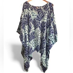 Leaf Print Peekaboo Handmade Hawaiian Blouse- Royal/Sky Blue